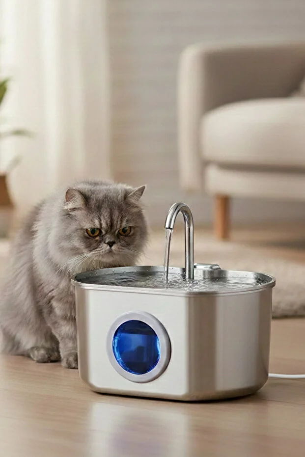 2.2 L Su Seviyesi Göstergeli Paslanmaz Çelik Kedi Köpek İçin Su Pınarı